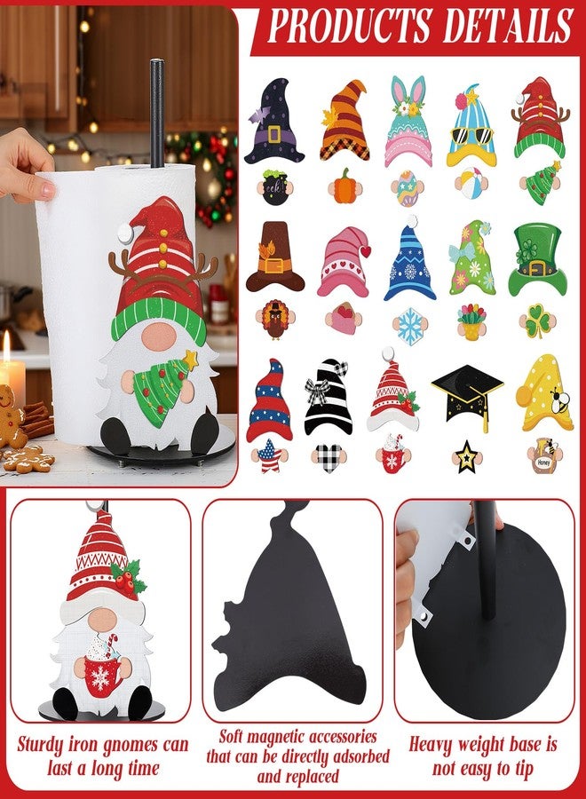 Otoolling Holiday Interchangeable Paper Towel Holder Countertop Gnome Metal Stand Towels Paper Holder with 15 Set Magnets Decoration Seasonal Kitchen Decor Kit for Indoor Accessories - Image 3